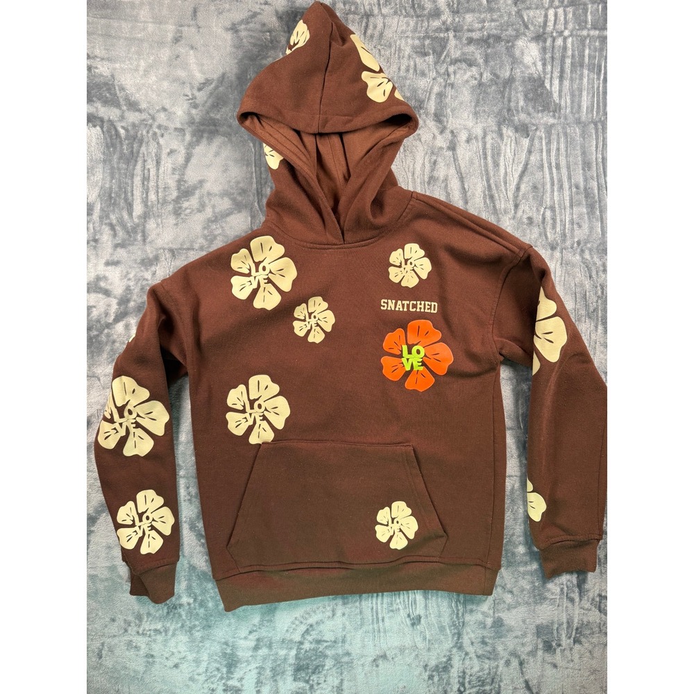 Snatched Hoodie Boys L 14-16 Brown Floral Love Graphic Pullover Sweatshirt